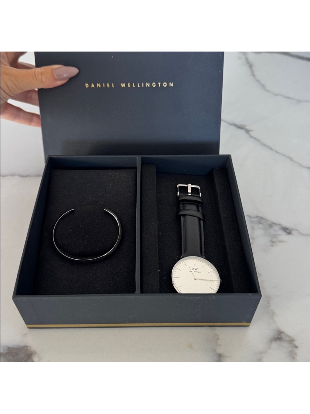 Daniel Wellington Black Leather Watch with Silver Dial and Black Cuff